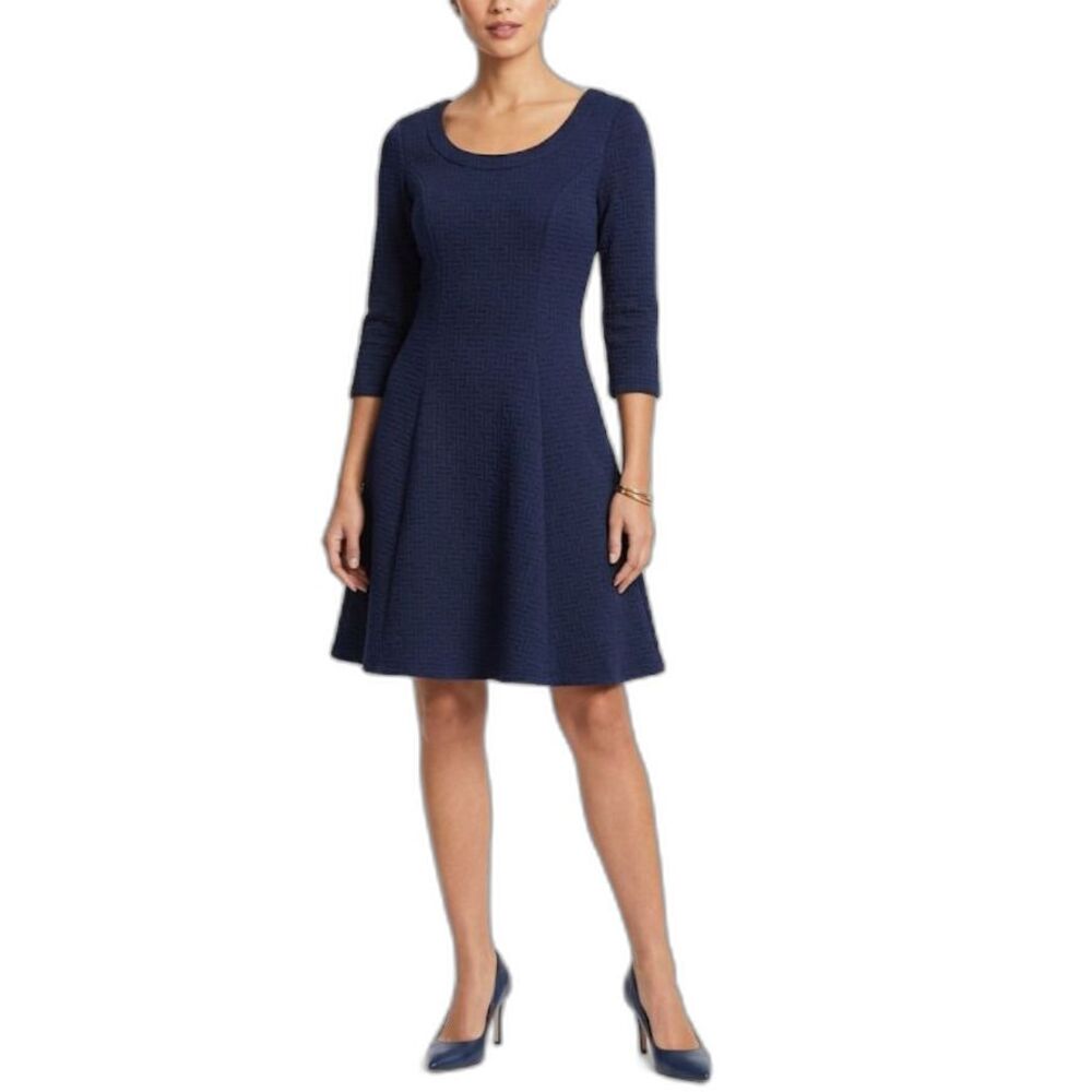 Southern Tide Women's Navy Textured 3/4 Sleeve Fit & Flare Short Dress Size M